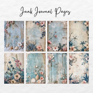 May include: Nine digital printable pages for junk journaling. Each page features a blue and white woodgrain background with floral and seashell accents. The pages are perfect for adding to your journal or scrapbook.