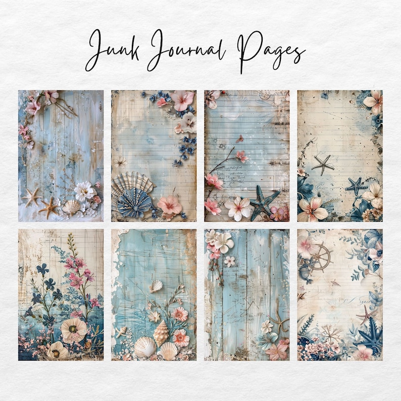 May include: Nine digital printable pages for junk journaling. Each page features a blue and white woodgrain background with floral and seashell accents. The pages are perfect for adding to your journal or scrapbook.