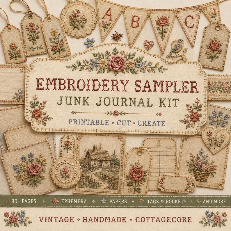 May include: An embroidery sampler junk journal kit featuring printable paper ephemera with floral motifs, tags, pockets, and bunting. The central sign reads EMBROIDERY SAMPLER JUNK JOURNAL KIT PRINTABLE CUT CREATE with 90+ pages, ephemera, and papers.