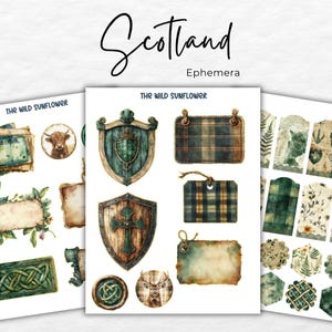 May include: A set of digital scrapbook paper featuring a Scottish theme. The paper includes images of shields, plaid, a stag, a Celtic knot, and a highland cow. The paper is perfect for creating digital scrapbook pages, cards, and other crafts.