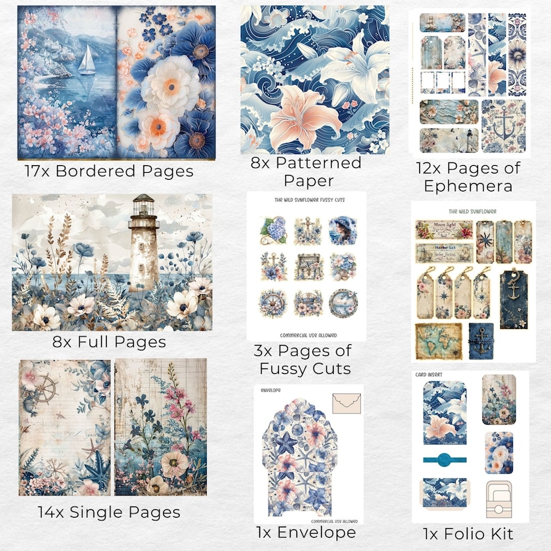 May include: A digital scrapbooking kit with a nautical theme. The kit includes 17 bordered pages, 8 full pages, 14 single pages, 8 patterned papers, 3 fussy cuts, 1 envelope, and 1 folio kit. The kit features a lighthouse, seashells, anchors, and floral designs in shades of blue, white, and pink.
