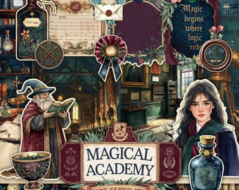 Może przedstawiać: Cyfrowy zestaw do tworzenia dziennika z motywem magicznej akademii. Zestaw zawiera różne obrazy, w tym czarodzieja, butelkę z eliksirem, książkę, herb i cytat brzmiący: "Magia zaczyna się tam, gdzie kończy się logika".