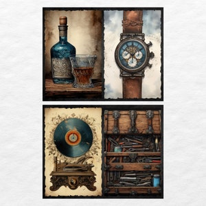 May include: A vintage-style collage featuring four images: a bottle of blue liquor with a glass of amber liquid, a detailed chronograph wristwatch with brown leather straps, a record player with a blue vinyl record, and a wooden chest overflowing with tools and supplies.