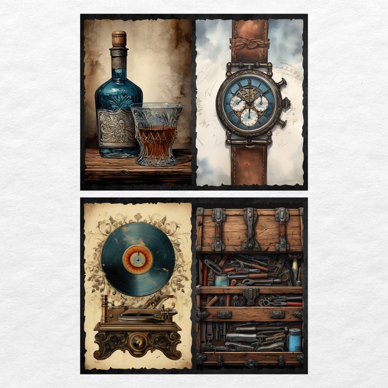 May include: A vintage-style collage featuring four images: a bottle of blue liquor with a glass of amber liquid, a detailed chronograph wristwatch with brown leather straps, a record player with a blue vinyl record, and a wooden chest overflowing with tools and supplies.
