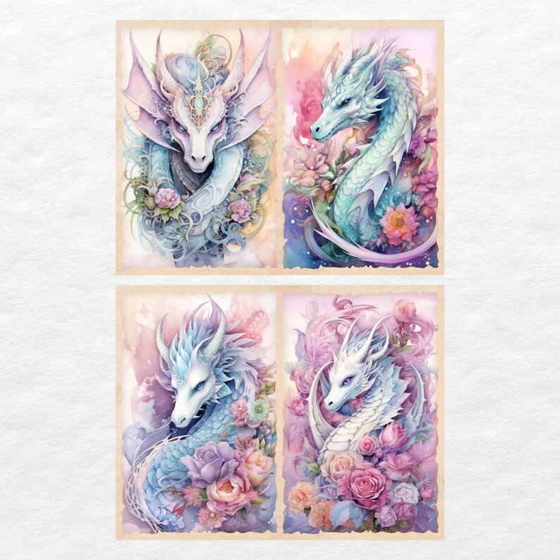 May include: Four watercolor paintings of white dragons with floral backgrounds. Each dragon is depicted with a different pose and floral arrangement. The dragons are painted in shades of blue and white, while the flowers are in shades of pink, purple, and yellow.