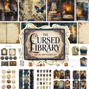 Cursed Library Junk Journal Add-on Kit, afdrukbare JPG-pagina's met ephemera, Tags, bladwijzer, Dark Academia, oud boek digitaal papier