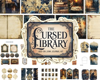 May include: A digital junk journal kit with a dark blue and gold color scheme. The kit features a variety of images, including owls, books, and a raven. The title of the kit is "The Cursed Library Add-on Junk Journal Kit".