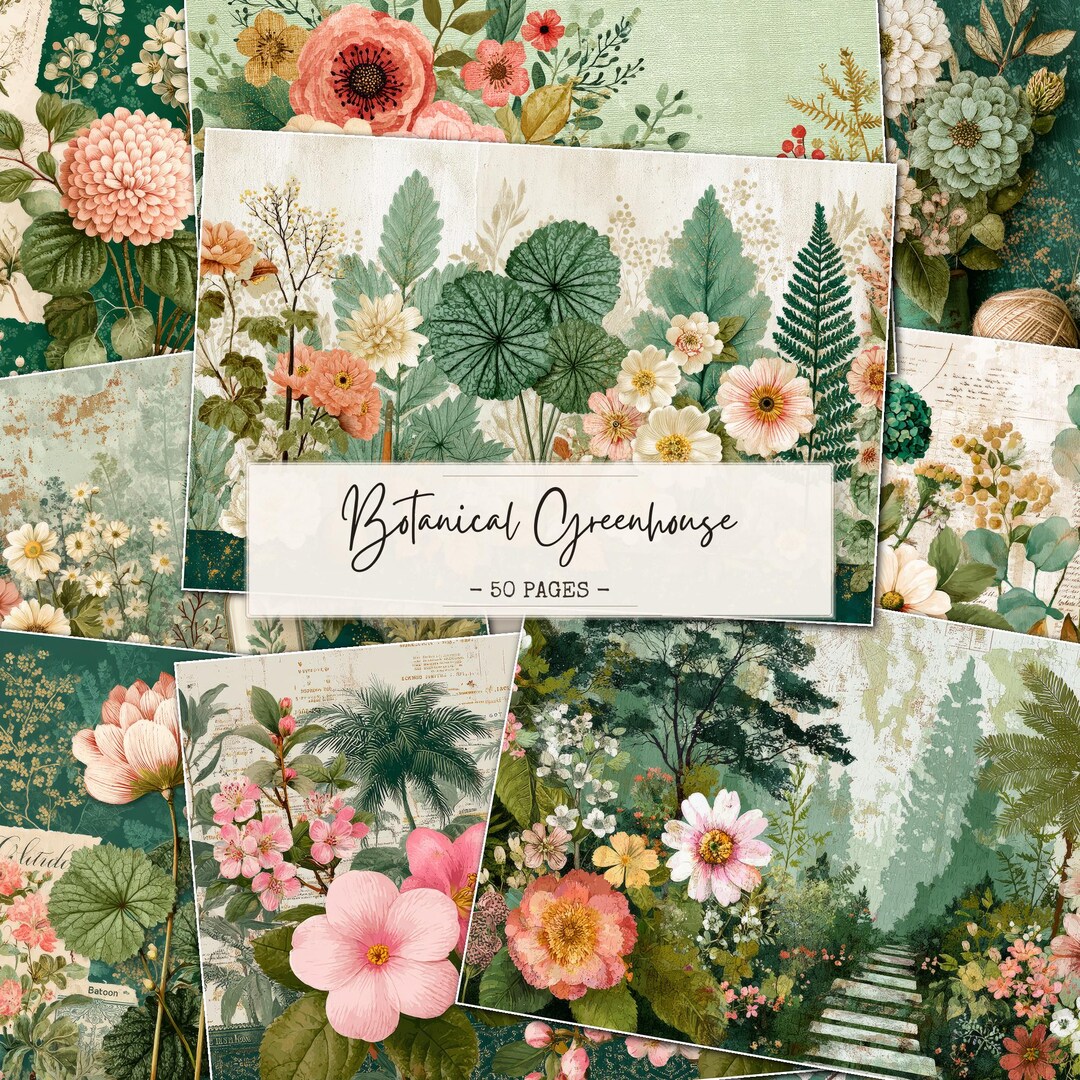 Botanical Junk Journal Pages, Vintage Floral Papers, Greenery Collage ...
