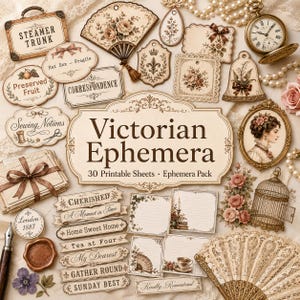 May include: A collection of Victorian ephemera featuring 30 printable sheets with vintage designs including a steamer trunk label, floral fans, a pocket watch, ornate tags, a portrait in a gold frame, birdcage, and various script labels.