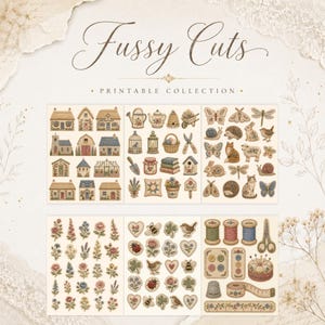 May include: A printable collection titled Fussy Cuts featuring six sheets of small, detailed illustrations. The designs include embroidered-style houses, garden tools, woodland animals, insects, flowers, hearts, and sewing supplies in soft colours.