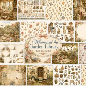 Op de afbeelding: Een Whimsical Garden Library junk journal kit met een verzameling papieren ephemera, waaronder bloemmotieven, vintage boekillustraties, konijnen, vlinders en theeserviezen in zachte, gedempte aardetinten met crème en beige achtergronden.