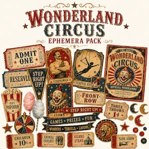 May include: A collection of vintage-style circus ephemera, including tickets, posters, and banners. The design features a strongman, a clown, and a trapeze artist. The color palette includes red, blue, and gold.