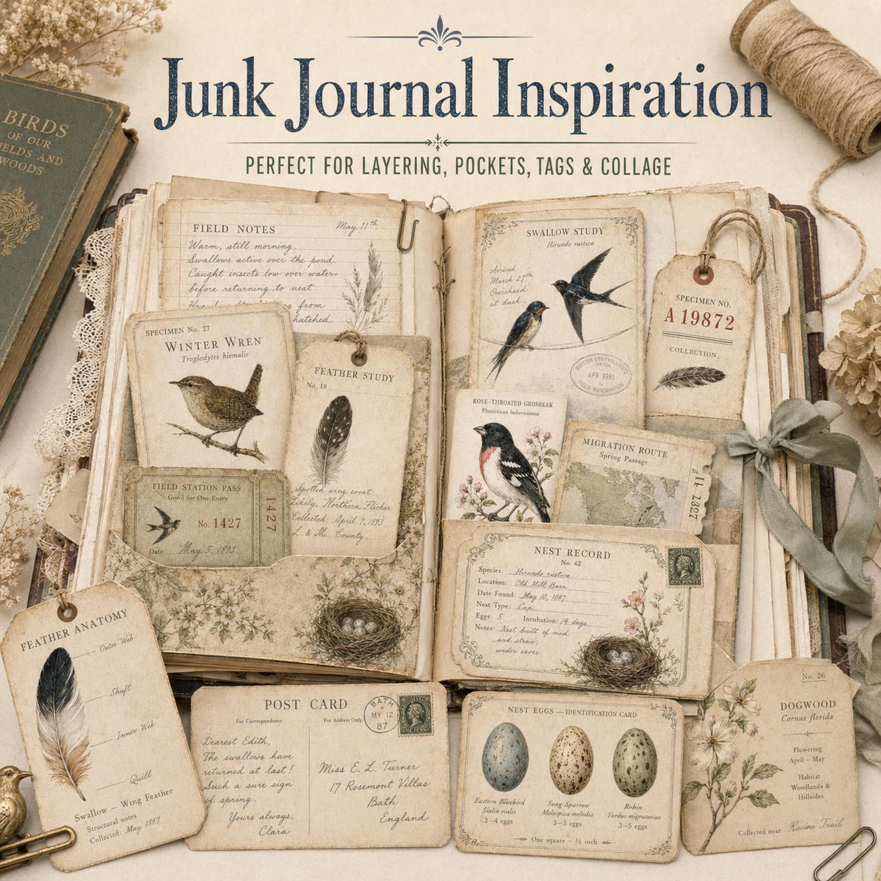 Vintage Bird Ephemera, Printable Junk Journal Pack, Bird Study Tags ...