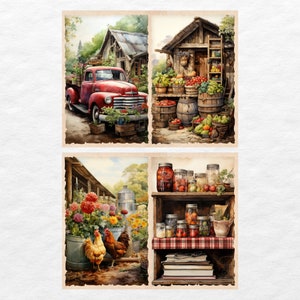 May include: A collage of four images depicting a country farm scene. The top left image shows a red pickup truck parked in front of a wooden building. The top right image shows a wooden stand with produce and barrels. The bottom left image shows a red rooster and a hen in front of a barn. The bottom right image shows a shelf with jars of preserved food and books.