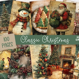 Kit de 100 páginas para diario basura de Navidad, páginas vintage para diario basura con motivos navideños, papel imprimible para diario basura con escenas de Papá Noel, hoja de collage digital