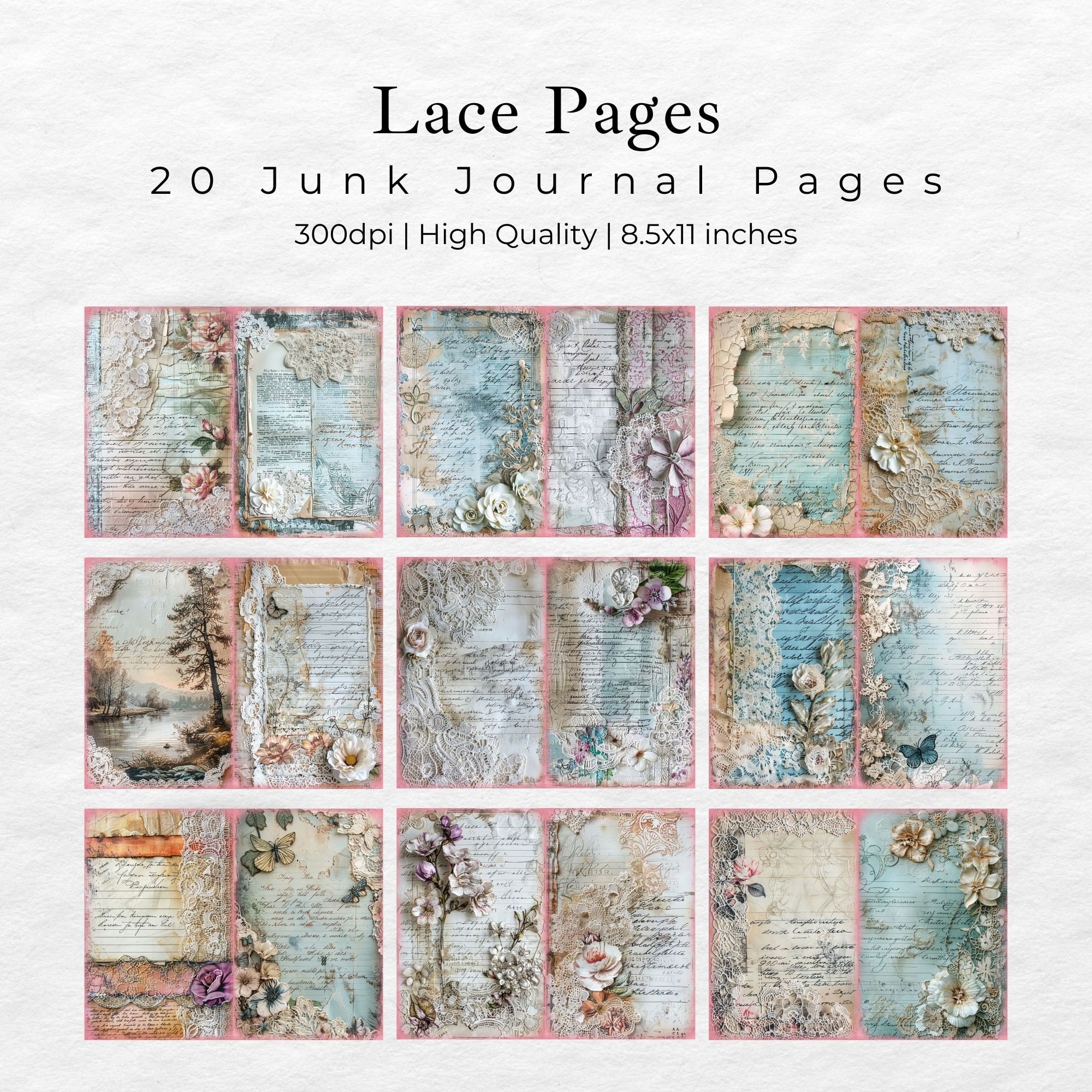 Vintage Lace Junk Journal Pages, Digital Grunge Scrapbook Paper ...