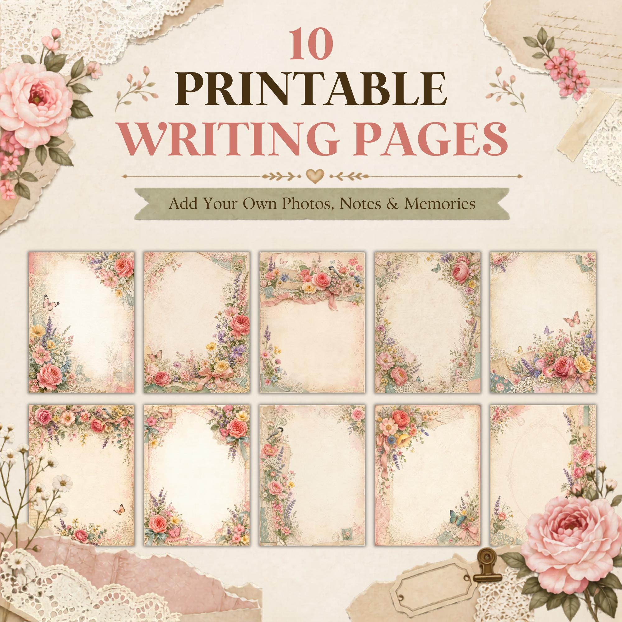 Botanical Writing Pages, Printable Floral Stationery, Romantic Junk ...