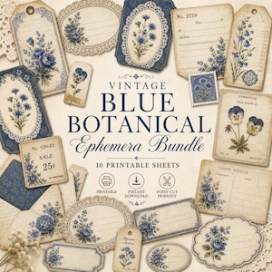 May include: A collection of vintage-style ephemera with a blue botanical theme. The assortment includes tags, labels, and cards adorned with blue floral illustrations and decorative borders. The text "VINTAGE BLUE BOTANICAL Ephemera Bundle" is visible.