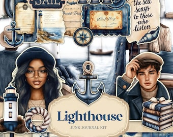 Lighthouse Junk Journal Kit - Nautical Digital Scrapbooking - Ocean Journal Pages - Vintage Ephemera - Printable Sea Themed Paper