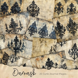 Dark Damask Junk Journal Kit Schwarz Shabby Chic Collage Sheets Druckbare alte Seiten Digitales Papier Scrapbooking Hintergründe Vintage Ephemera