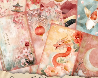 Puede incluir: Diez hojas de collage digital con temas de folklore asiático. Las hojas incluyen imágenes de flores de cerezo, pagodas, dragones, peces koi y lunas. Las hojas son perfectas para el diario de chatarra, el scrapbooking o la elaboración de tarjetas.