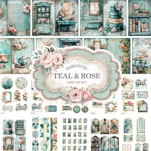 Blau und Rose Add-On Junk Journal Kit, Neutral, Viktorianisch, Petrol, Ephemera, Floral Türkis, Vintage, shabby, bedruckbar, digitaler Download