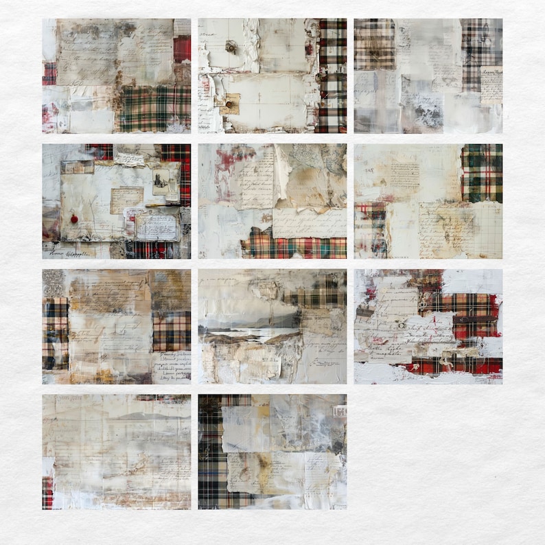May include: A collage of 10 square images featuring a variety of textures and patterns. The images are primarily white and beige with red and black plaid accents. Some images feature handwritten text and others have a more abstract design.