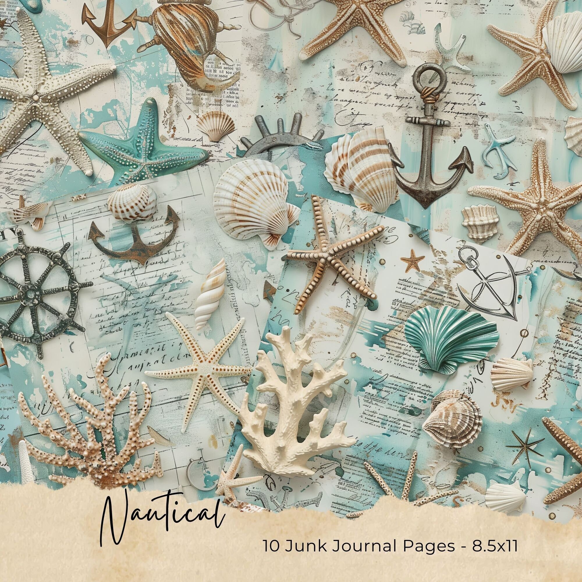 Vintage Nautical Junk Journal Pages, Digital Scrapbook Paper Kit