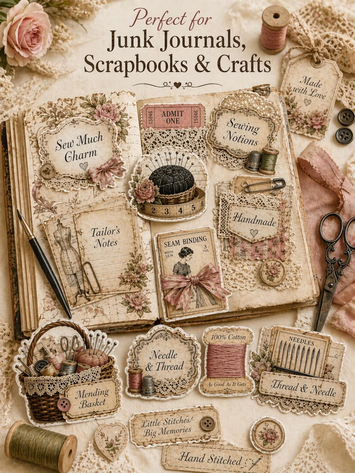 Vintage Sewing Ephemera Bundle, Printable Sewing Notions, Junk Journal ...