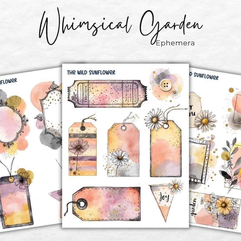 May include: A collection of whimsical ephemera featuring watercolor designs. The designs include tags, a ticket, a button, and decorative frames. The color palette includes soft pinks, oranges, and purples with gold accents and floral illustrations. The text "Whimsical Garden" is at the top.