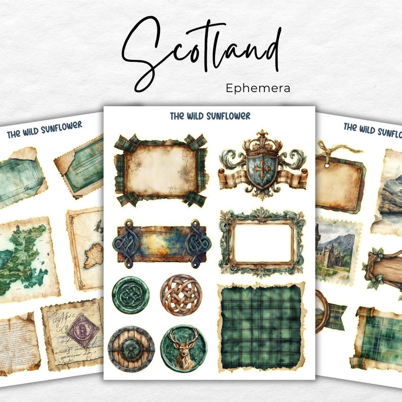 May include: A set of digital stickers featuring watercolor illustrations of Scottish themes. The stickers include a map of Scotland, a crest, a tartan pattern, and various frames and borders. The text "The Wild Sunflower" appears on the stickers.