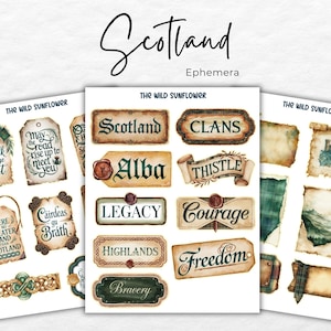 May include: A set of 14 digital printable stickers featuring Scottish themed designs. The stickers feature words like "Scotland", "Alba", "Clans", "Thistle", "Legacy", "Courage", "Highlands", "Bravery", and "Freedom".