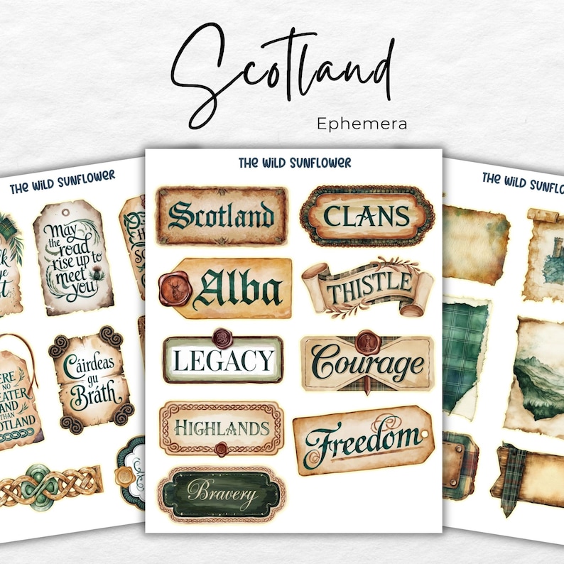 May include: A set of 14 digital printable stickers featuring Scottish themed designs. The stickers feature words like "Scotland", "Alba", "Clans", "Thistle", "Legacy", "Courage", "Highlands", "Bravery", and "Freedom".