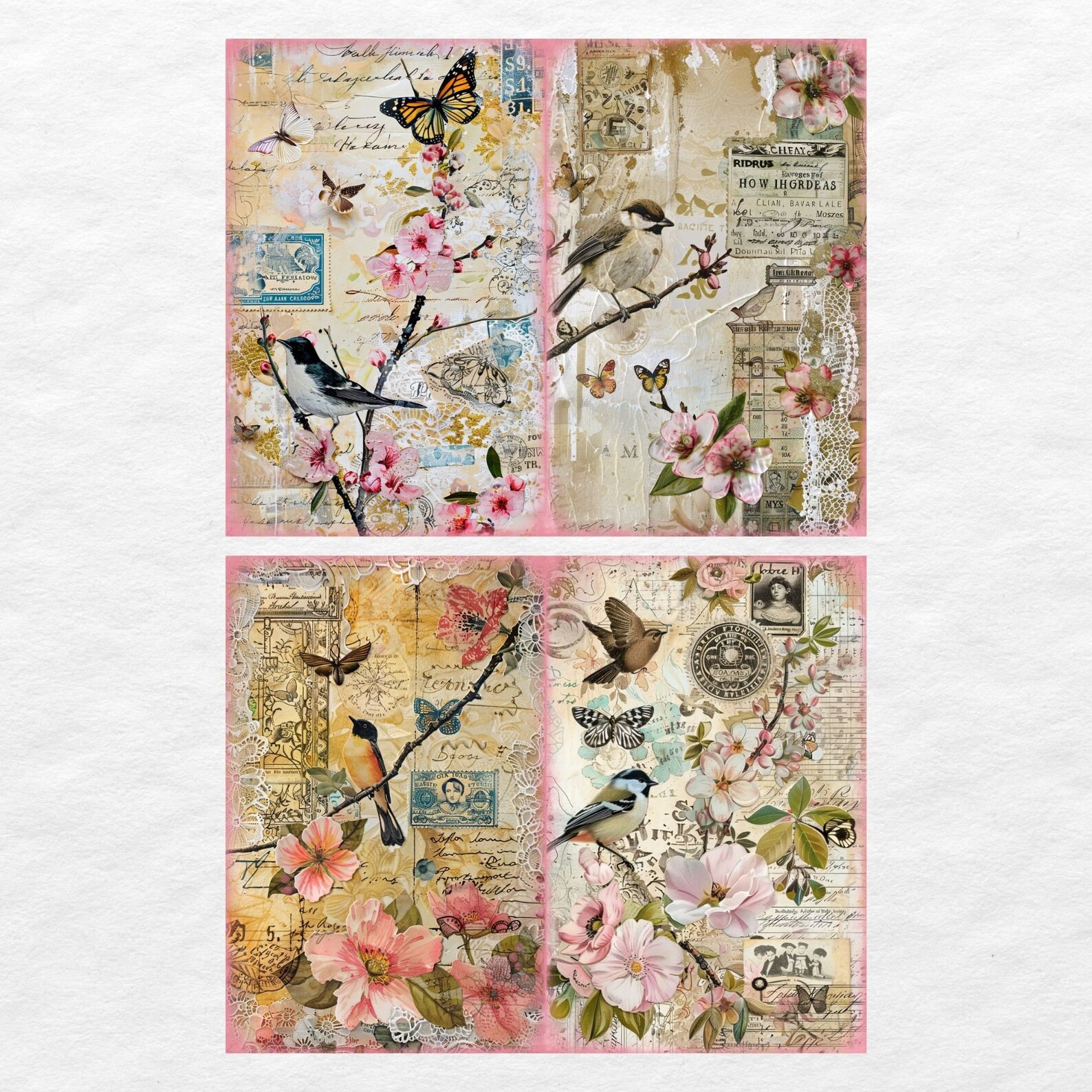 Vintage Bird Junk Journal Pages, Digital Floral Scrapbook Paper Kit ...