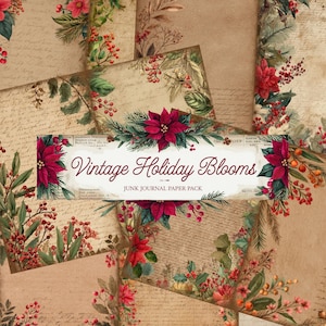 Kit de diário floral vintage de Natal – Páginas imprimíveis para o feriado – Itens de frutas vermelhas e pinheiros – Pacote de papel para diário festivo