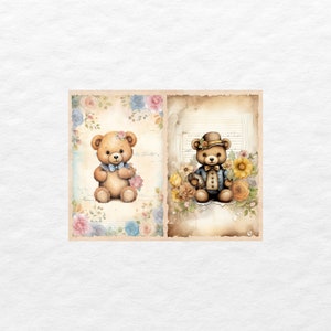 May include: Two teddy bears with floral accents on a vintage background. One bear is wearing a blue bow tie and the other is wearing a blue suit and a top hat.