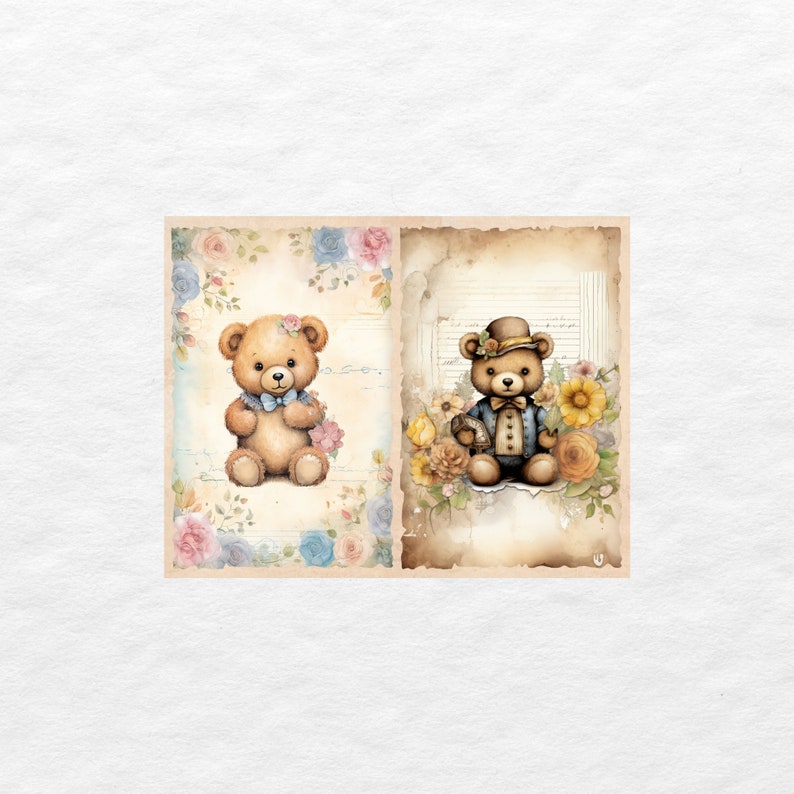 May include: Two teddy bears with floral accents on a vintage background. One bear is wearing a blue bow tie and the other is wearing a blue suit and a top hat.