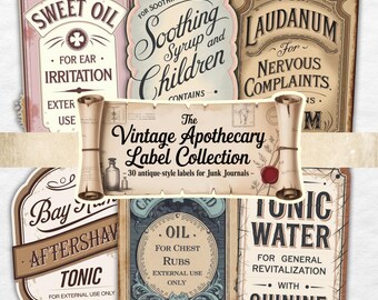 Könnte beinhalten: Eine Sammlung von Vintage-Apothekenetiketten mit verschiedenen Designs und Texten. Zu den Etiketten gehören "Sweet Oil", "Soothing Syrup and Children", "Laudanum", "Bay Rum Aftershave Tonic", "Oil for Chest Rubs" und "Tonic Water". Die Etiketten sind im antiken Stil für Junk Journals.