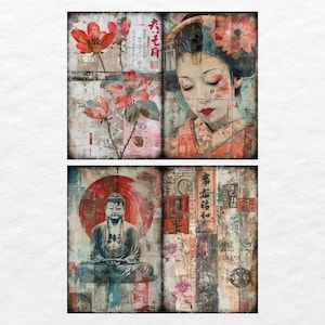 May include: A collage of three images with a Japanese theme. The top image features a woman with red and black hair, wearing a traditional Japanese kimono. The middle image features a red flower with a white background. The bottom image features a Buddha statue with a red and gold background.