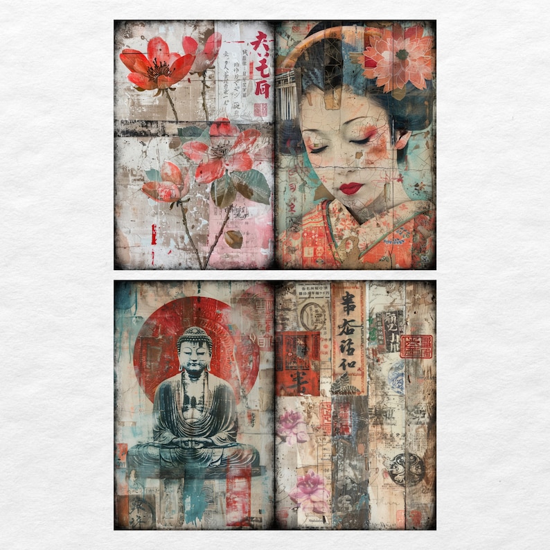 May include: A collage of three images with a Japanese theme. The top image features a woman with red and black hair, wearing a traditional Japanese kimono. The middle image features a red flower with a white background. The bottom image features a Buddha statue with a red and gold background.