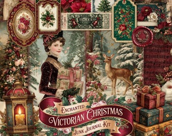 Pode incluir: Uma colagem com tema de Natal vitoriano. Inclui uma mulher com presentes, um veado e vários elementos decorativos como etiquetas, poinsétias e uma lanterna. A faixa diz "Enchanted Victorian Christmas Junk Journal Kit."