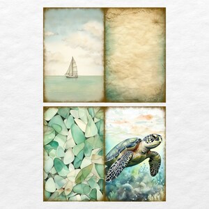 May include: A collage of four images with a nautical theme. The top left image shows a sailboat on a calm sea. The top right image is a vintage textured background. The bottom left image is a close-up of sea glass. The bottom right image shows a sea turtle swimming in the ocean.
