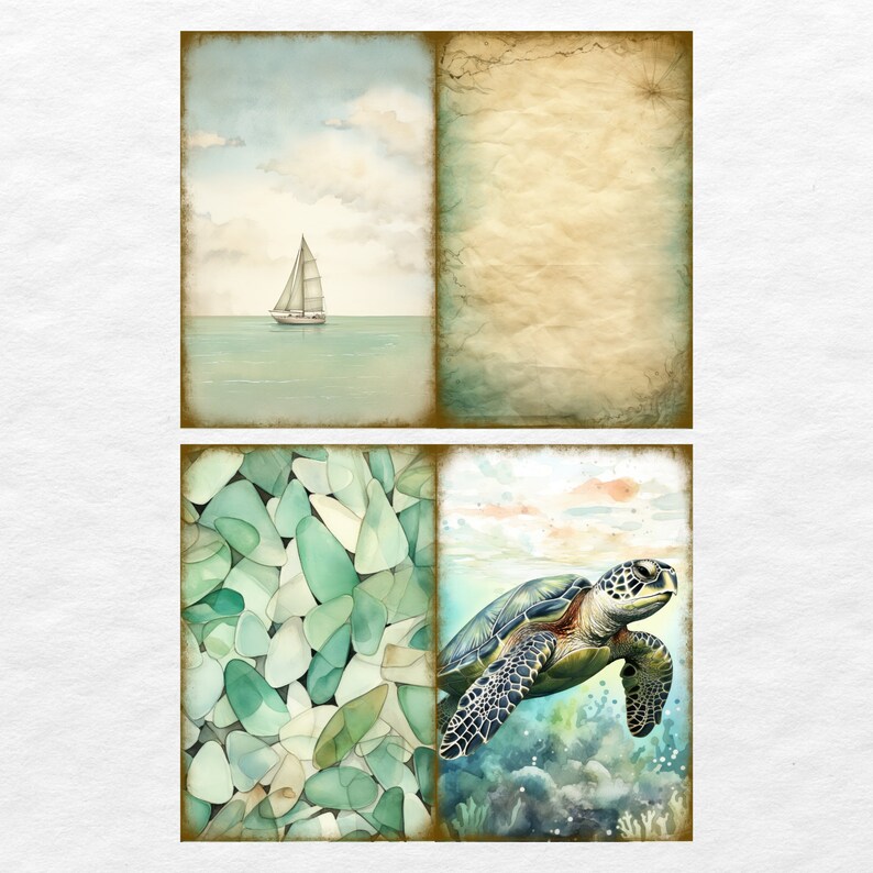 May include: A collage of four images with a nautical theme. The top left image shows a sailboat on a calm sea. The top right image is a vintage textured background. The bottom left image is a close-up of sea glass. The bottom right image shows a sea turtle swimming in the ocean.