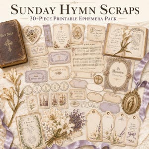 Könnte beinhalten: Ein 30-teiliges druckbares Ephemera-Set mit dem Titel Sunday Hymn Scraps, bestehend aus Papier-Ausschnitten im Vintage-Stil, darunter eine Bibel, Liedblätter, Eintrittskarten, Blumenillustrationen, religiöse Medaillons und Etiketten.