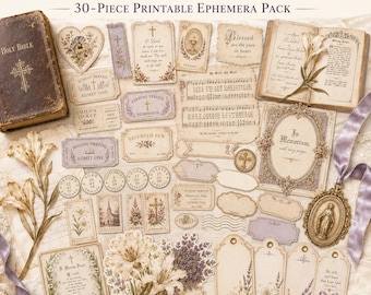 May include: A 30-piece printable ephemera pack titled Sunday Hymn Scraps, featuring vintage-style paper cutouts including a Bible, hymn sheets, admission tickets, floral illustrations, religious medallions, and tags with lavender and lily motifs.