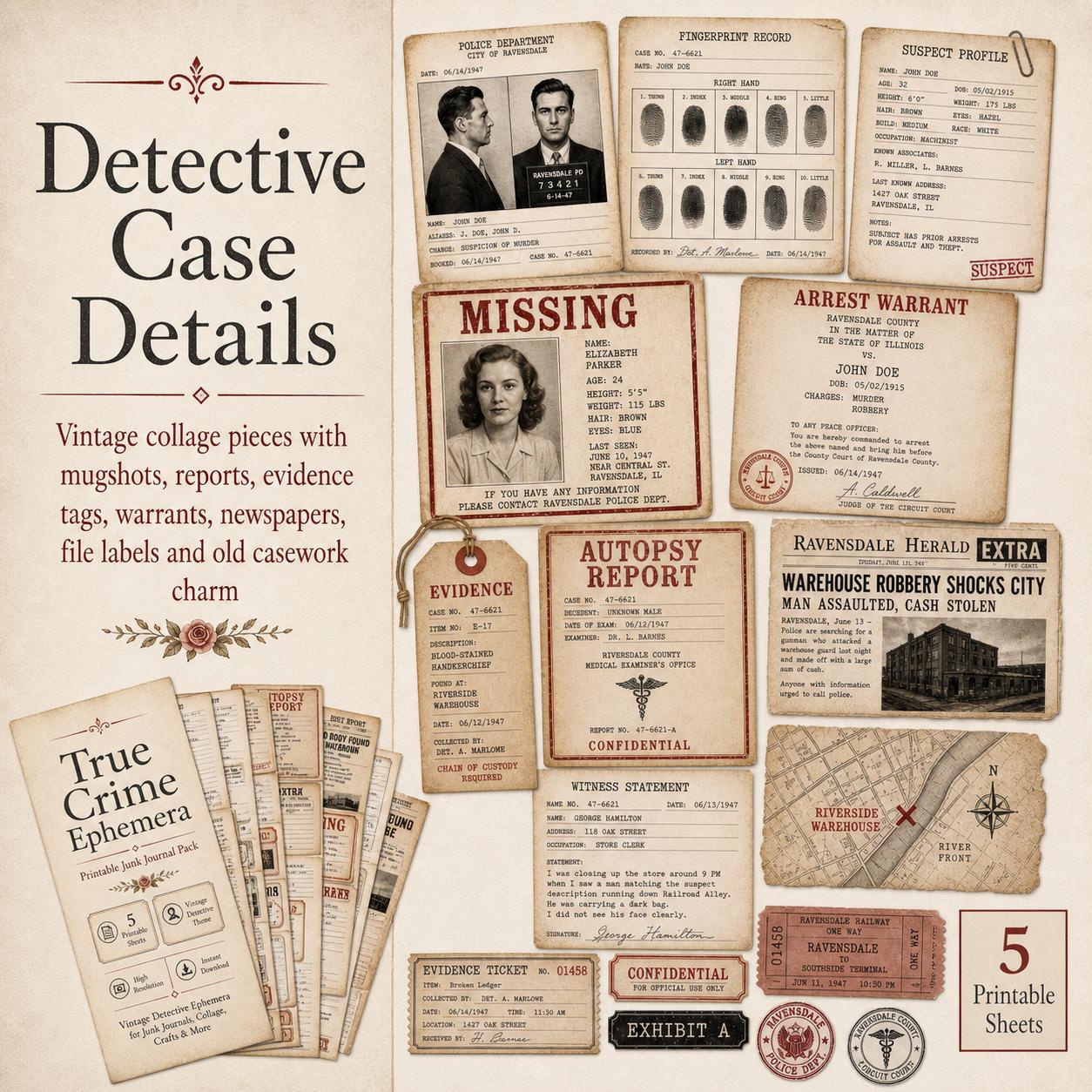 True Crime Ephemera Pack, Printable Junk Journal Kit, Vintage Detective ...