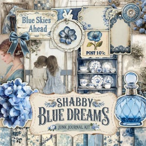Kit de carnet bleu shabby chic, papiers numériques vintage, éphémères country français, arrière-plans floraux romantiques, papier ancien imprimable