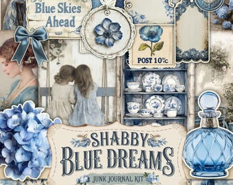Blue Shabby Chic Junk Journal Kit, Vintage Digital Papers, French Country Ephemera, Romantic Floral Backgrounds, Printable Antique Paper