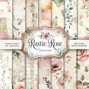Shabby Chic Rose Paper Kit (Printable JPG Pages with Ephemera, Cover, Tags), Pastel, Bird, Rose Digital Paper, Digital Download