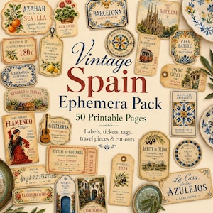 Pack de efímeros vintage de España, kit de diario creativo español para imprimir, billetes de viaje, etiquetas, rótulos, flamenco, azulejos, efímeros de mercado digitales